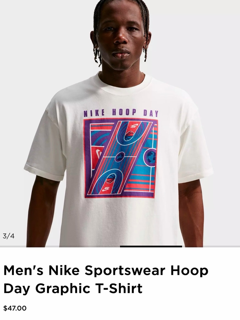 Nike Men’s White Hoop Day Graphic Tee with Purple & Blue Print